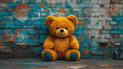 Lonely teddy bear sits against a weathered brick wall.