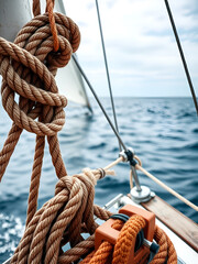 Obraz premium Sailing background concept. Knots and winch and sea closeup view. Sea and ocean sport or recreational design template