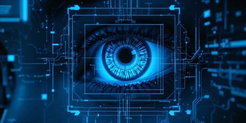 Futuristic digital eye symbolizing advanced surveillance technology and data monitoring in a cybernetic environment.