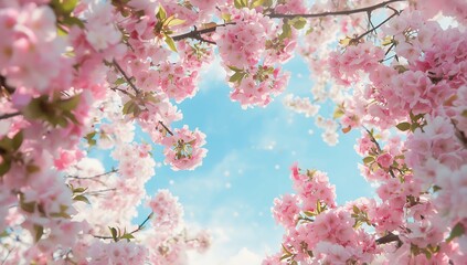 Blooming pink cherry blossoms frame a bright blue sky with fluffy clouds