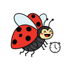 Obraz premium Cartoon ladybug flying with clock beside