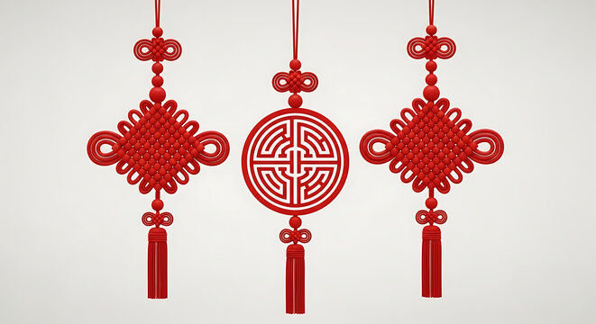 Three red chinese knots hanging against a white background representing good luck and prosperity for lunar new year celebrations and traditional asian culture