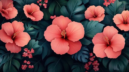 Lush coral hibiscus flowers and tropical leaves.