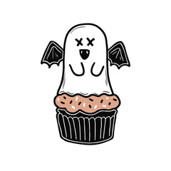 Halloween Cupcake with Ghost Bat. Simple flat style.