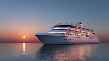 A large cruise ship is sailing on the ocean at sunset