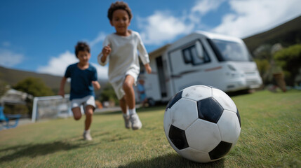 A family plays soccer near their RV at a grassy campground with a ball bouncing kids kicking a goalpost wobbling and the RV parked nearby shown in a lively photo with ball cur