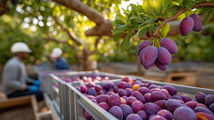 Workers pick plums in an orchard with purple fruit filling crates branches bending a ladder wobbling and a warm breeze carrying sweet scents shown in a lush photo with plum