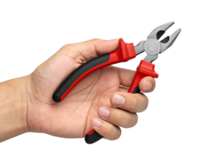 Hyper-realistic 8K PNG of a hand gripping red and black insulated needle nose pliers, 675906
