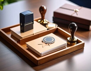 Professional notary stamps and seal with certificate document arranged on elegant wooden desk tray
