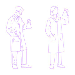 Line art illustration of scientist holding conical flask