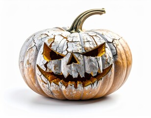 Rotten Halloween pumpkin with cracked surface and sinister carved face, isolated on white background.