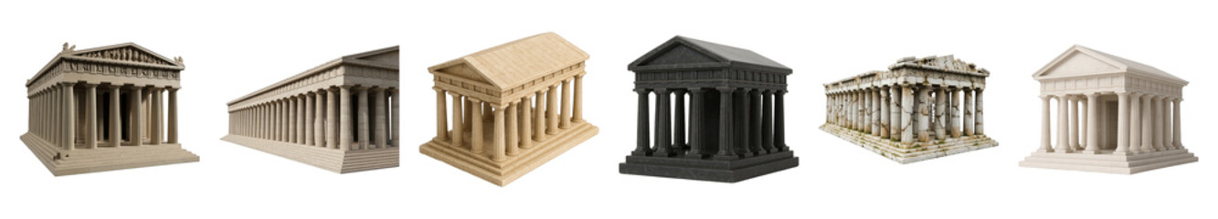 Fototapeta premium Classical temple set including pristine white, weathered, dark, and beige stone variations isolated. Ancient architecture and historical monuments.
