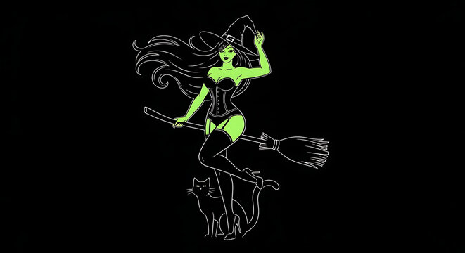 Green Witch with Broom and Black Cat on Black Background halloween neon