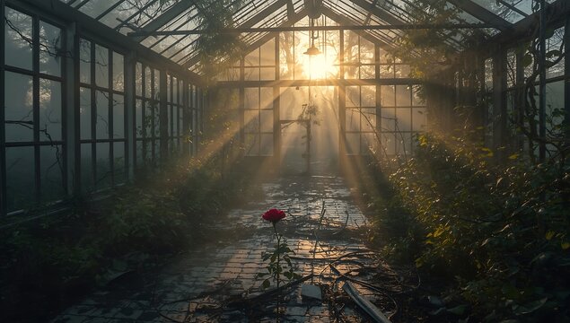 Sunbeams streaming through an abandoned greenhouse illuminating overgrown plants - Powered by Adobe