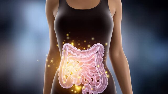 Woman's stomach is shown in a graphic, with the word "stomach" in pink. The stomach is surrounded by a glowing pink glow, giving the impression of a glowing organ