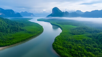 aerial view mangrove forest and mountain peak of Phang nga bay, Thailand