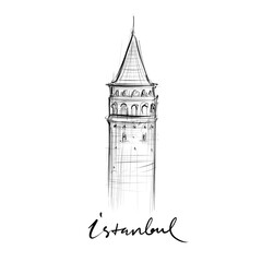 Galata Tower of Istanbul drawing, hand-drawn digital line art illustration