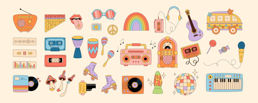 Groovy retro music party sticker set in cartoon graphic style. Cassette, record, disco and festival elements combine with y2k and groovy element for creative sticker collection.