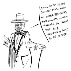 Business man with talking bubble, comic art with black slim lines, pencil drawing caricature