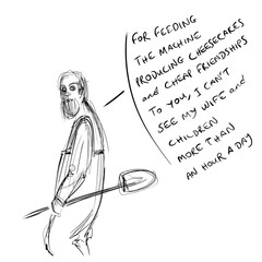 Worker with talking bubble, comic art with black slim lines, pencil drawing caricature