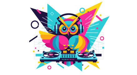 Obraz premium Colorful flat vector illustration of a retro animal owl DJ character with headphones on a vibrant abstract background