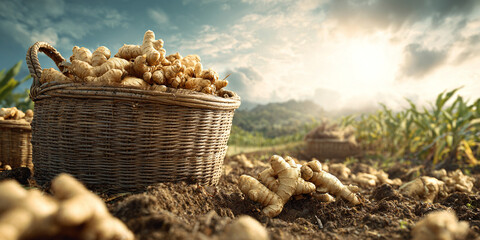 Basket full of ginger roots on farm field during harvest season symbolizing organic farming - AI generated