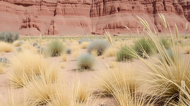 Asia, Mongolia, Eastern Gobi Desert. Grasses and desert plants along with rock formations abound in the Eastern Gobi Desert.