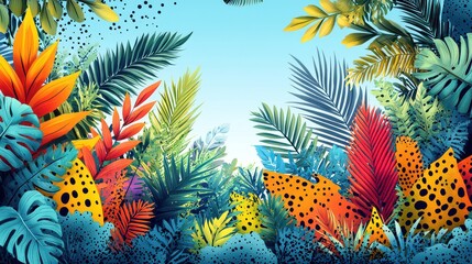 Lush vibrant tropical foliage, bright exotic leaves, jungle plants, summer background.