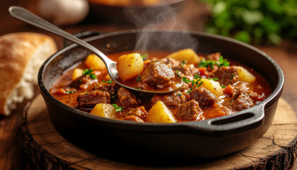 Hungarian Goulash in Cast Iron Pot with Dipped Spoon