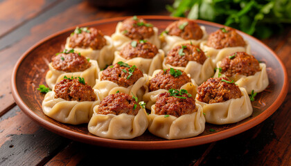 Afghan Manti Dumplings with Yogurt Sauce on Wooden Platter