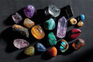 Naklejka premium Collection Various Colorful Gemstones Amethyst Quartz Others Scattered Dark Surface