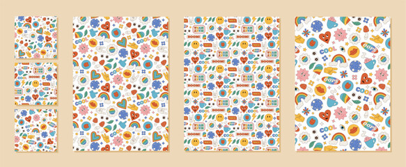 Groovy retro seamless pattern set in funky colorful cartoon graphic style with sticker heart, flower and smiley. Y2k inspired background delivers pop feel and playful positive vibe for modern