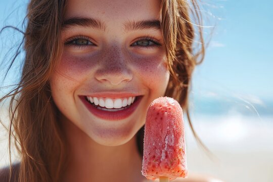 A freckled girl smiles brightly, holding a strawberry popsicle on a sunny beach.