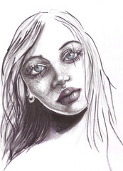 Charcoal woman portrait, hand drawn beauty and fashion illustration