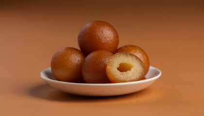 Indian Gulab Jamun with Syrup on Porcelain Saucer