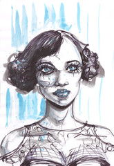 Watercolor woman portrait, hand drawn beauty and fashion illustration