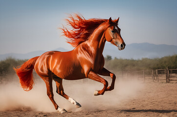 A beautiful red horse runs along a dusty road. The horse gallops, the mane and tail flutter in the wind, dust flies from under the hooves