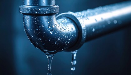 Metallic pipe with dripping water drop illustrating issue of leakage, sustainability concern, repair, and symbolic representation of wasted resource in infrastructure