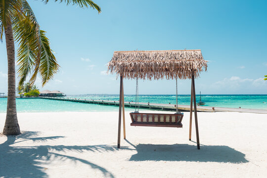 Paradise tropical maldive white sand beach with palms