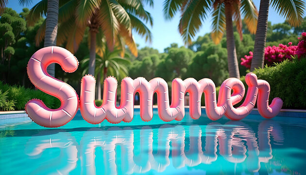 Inflatable Pink Letters Summer Swimming In Pool, Concept Of Vacation, Start Summer And Travel - Powered by Adobe