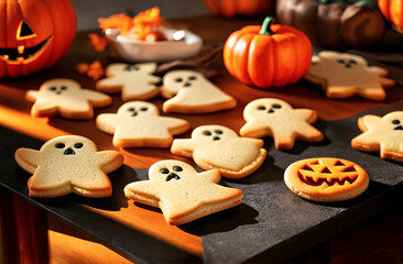 Cookies in the form of cute ghosts for Halloween celebration are lying on the table, next to small pumpkins in the shape of a face Jack lantern