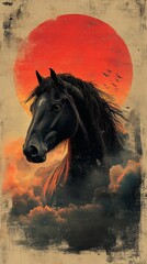 Majestic black horse portrait against a vibrant red sunset and cloudy sky.