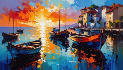 Obraz premium Boats floating near colorful houses at golden sunset reflecting peace, coastal village holiday, Mediterranean charm, artistic escape and evening serenity
