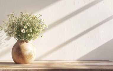 Bouquet of white daisies in a rustic, light brown vase sits on a wooden table against a white wall, illuminated by sunlight.