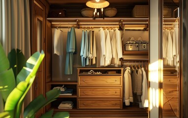 Well-organized and luxurious walk-in closet featuring wooden finishes, ample storage, and neatly arranged clothing.