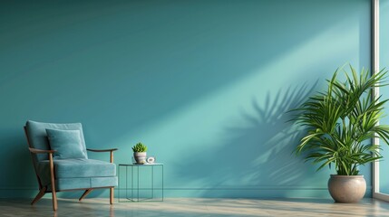 Teal-walled room features a mid-century modern armchair, glass side table, and potted plant, bathed in sunlight.