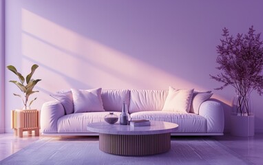 Modern living room features a lavender colored sofa and coordinating decor elements