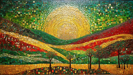Sunrise over a green meadow, covered with mosaics. Mosaic Sunset or Sunrise Garden