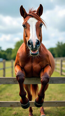 Funny horse staring directly at camera, smiling and showing teeth with front legs dangling over fence. Symbol of the Year 2026 according to the Chinese calendar