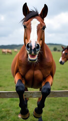 Funny horse staring directly at camera, smiling and showing teeth with front legs dangling over fence. Symbol of the Year 2026 according to the Chinese calendar